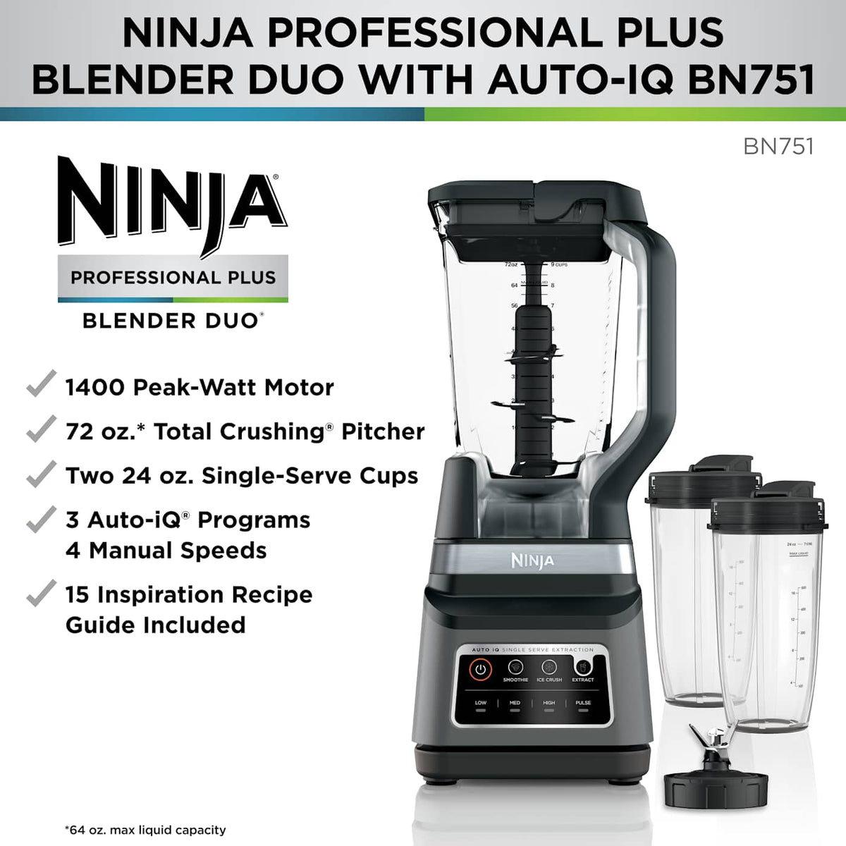 Ninja® Professional Plus & Personal Blender DUO® with Auto-iQ® & Nutri Ninja® Cups